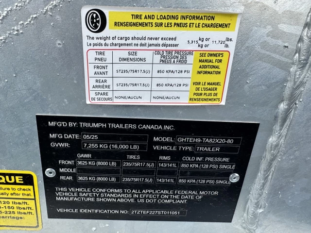 TRIUMPH TILT 82''X20' 8K ESSIEUX 8000LBS CHAQUE 2025